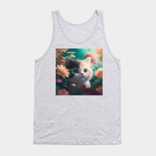 Cute Kitten Blue Eyes Floral Background | White, brown and grey cat with blue eyes | Digital art Sticker Tank Top